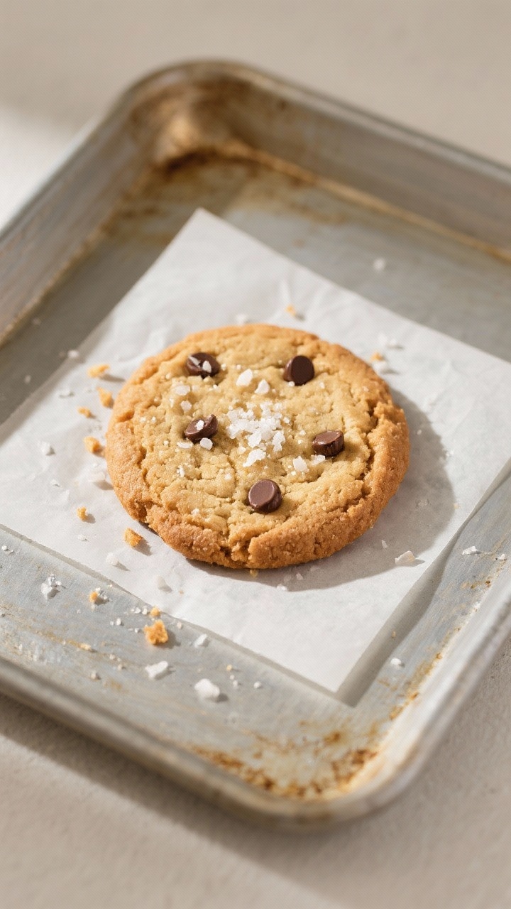 Tasty top view: Overhead shot of a single round cookie about 3 inches wide on a small parchment squa