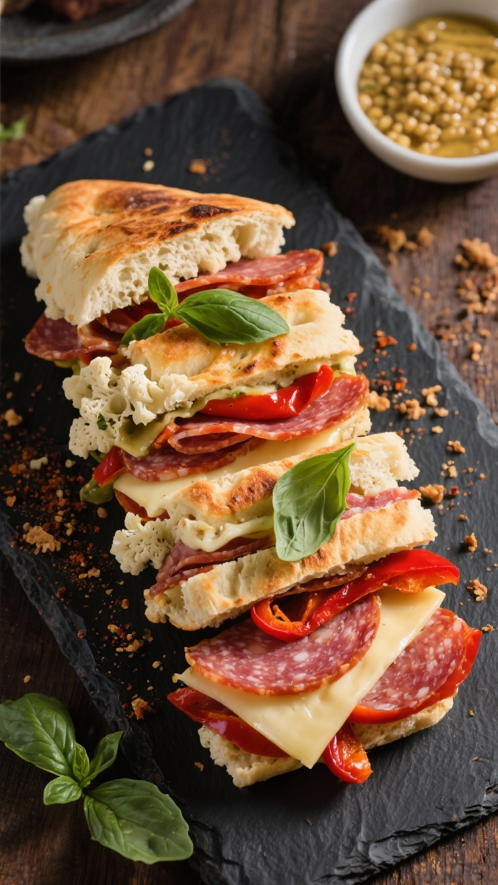Tasty top view: Overhead shot of a sliced “Italian Deli” panini on cauliflower thins—layers of