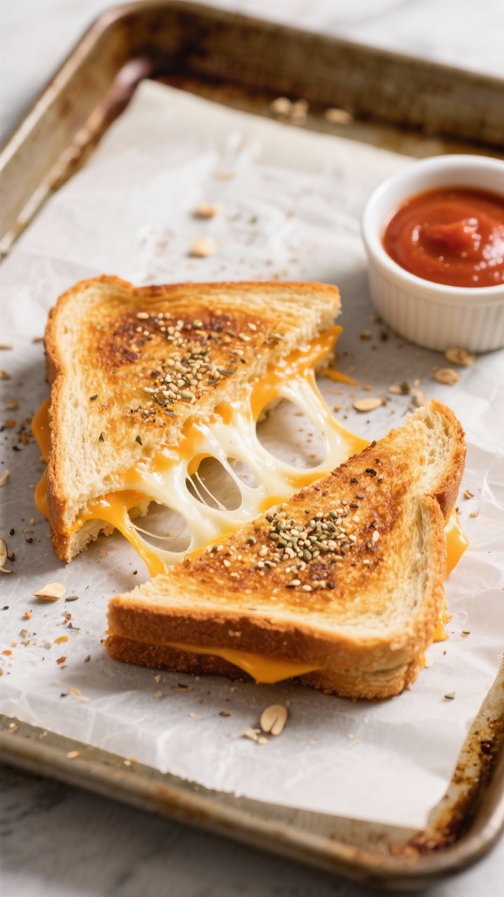 Tasty top view: Overhead shot of a sliced keto grilled cheese on a parchment-lined baking sheet, che
