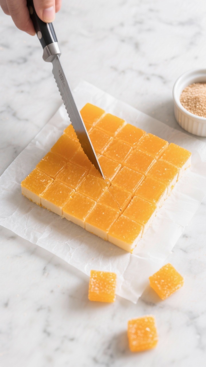 Tasty top view: Overhead shot of a small 8x8-inch slab of set orange-juice gummies on parchment, bei
