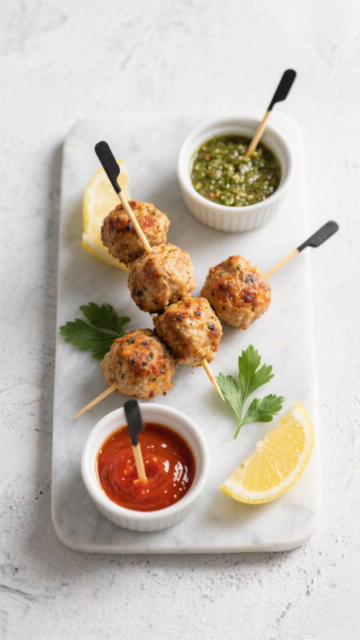 Tasty top view: Overhead shot of a small appetizer board with skewered chicken meatballs (toothpicks