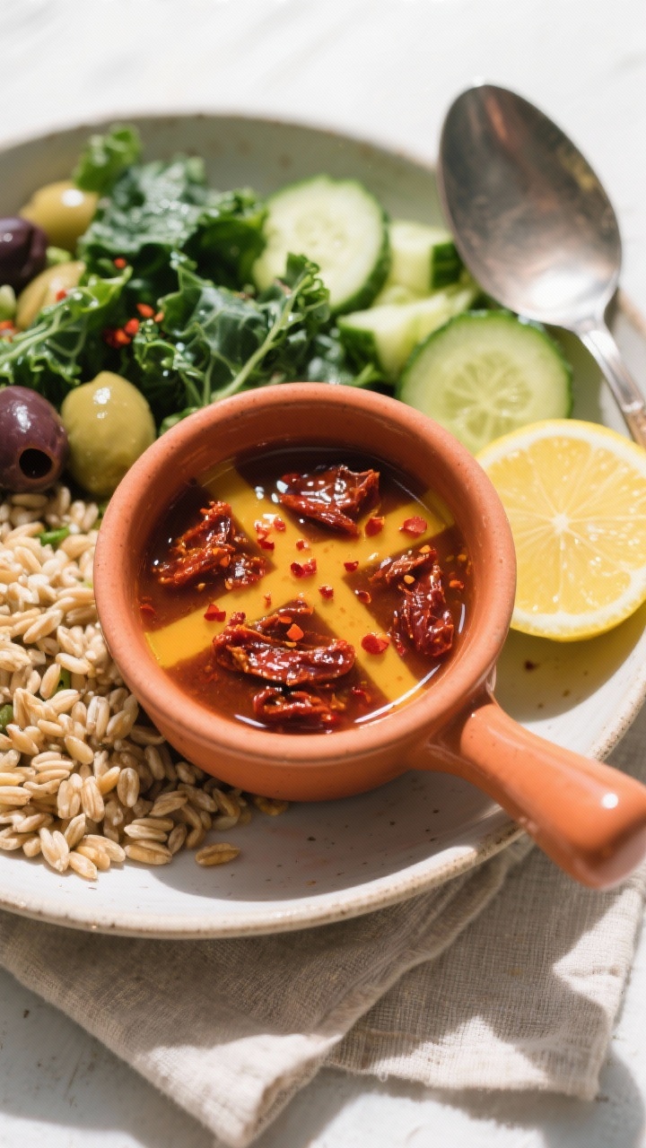 Tasty top view: Overhead shot of a small bowl of sundried tomato dressing in a ceramic ramekin, surr