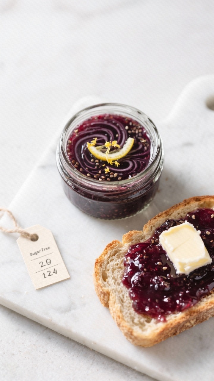Tasty top view: Overhead shot of a small jar of sugar-free blueberry chia jam with a swirl pattern o