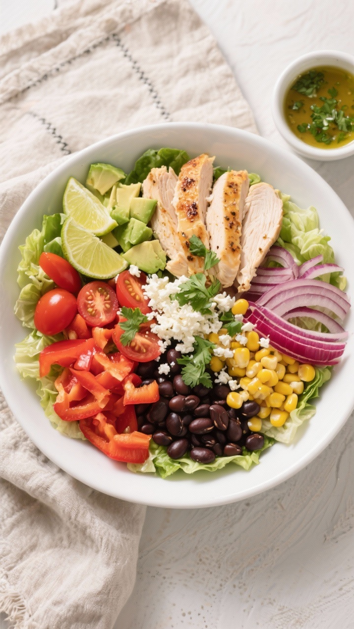 Tasty top view: Overhead shot of a Southwest Chicken Salad bowl just before tossing—layered romain