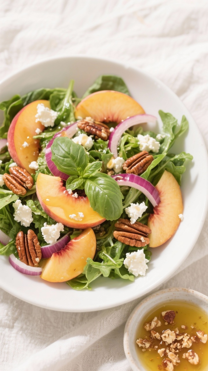 Tasty top view: Overhead shot of a summer salad drizzled with peach vinaigrette—mixed greens, ripe