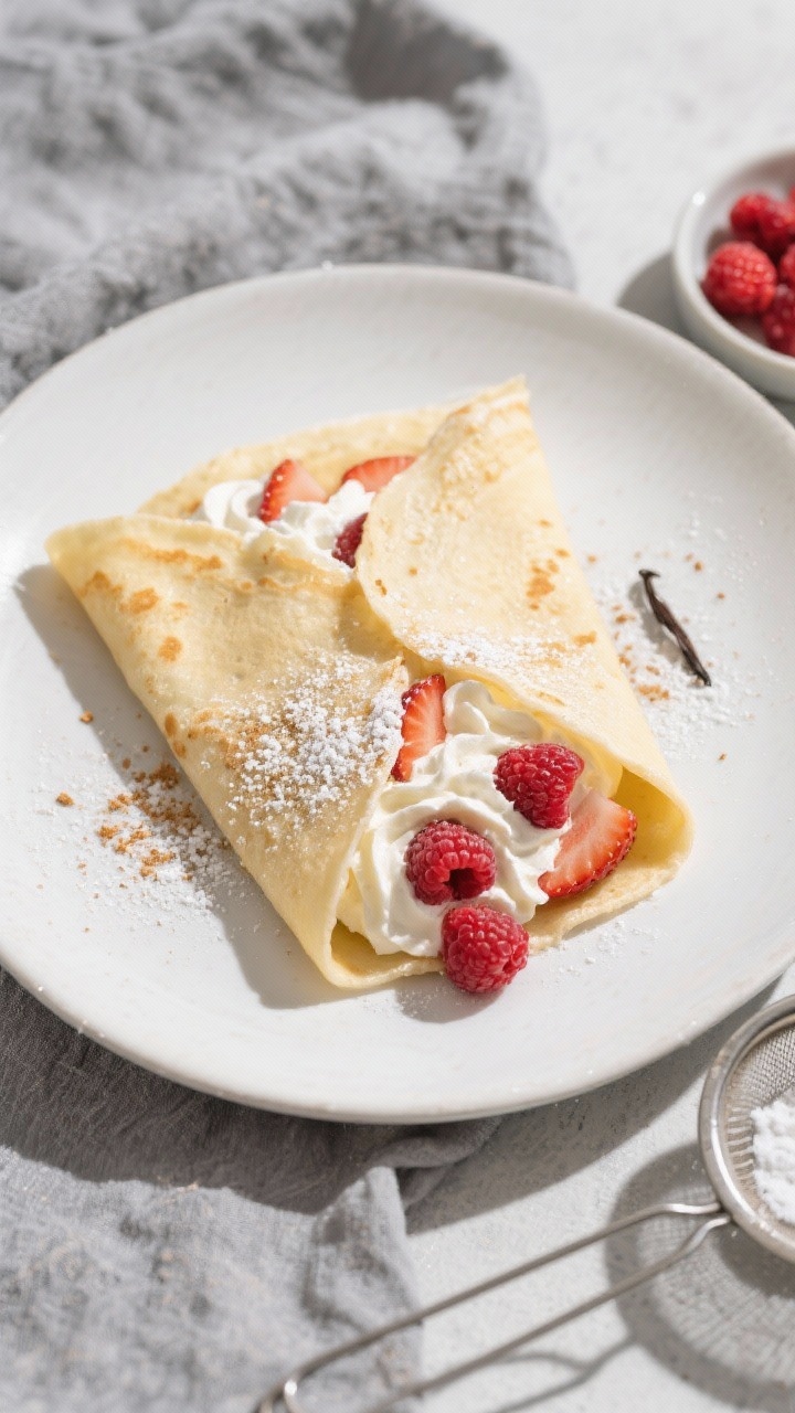 Tasty top view: Overhead shot of a sweet keto crepe folded into quarters on a matte white plate, fil