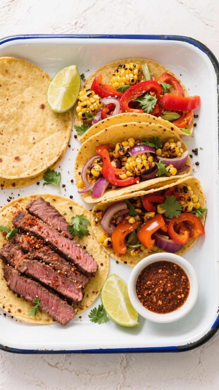 Tasty top view: Overhead shot of a taco spread—seasoned skirt steak sliced against the grain, char