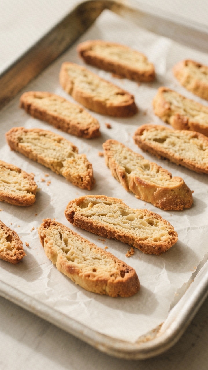 Tasty top view: Overhead shot of a tray of biscotti slices arranged cut-side down, mid–second bake