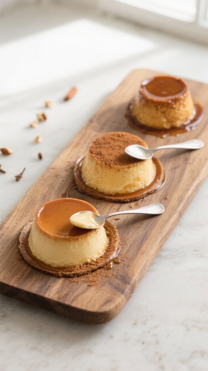 Tasty top view: Overhead shot of a trio of custards—classic with nutmeg, spiced with cinnamon dust