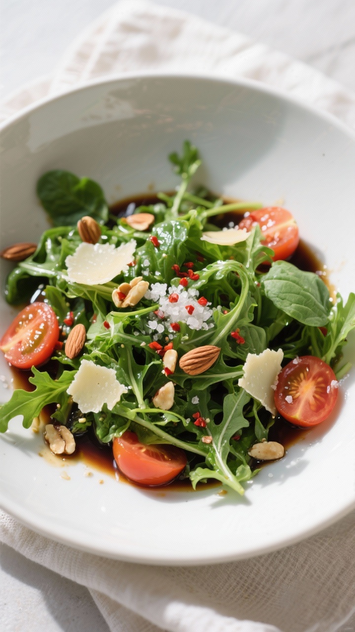 Tasty top view: Overhead shot of a vibrant arugula and mixed greens salad just-tossed with basil bal