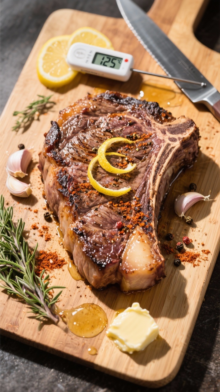 Tasty top view: Overhead shot of a whole broiled ribeye resting on a wooden cutting board, thermomet