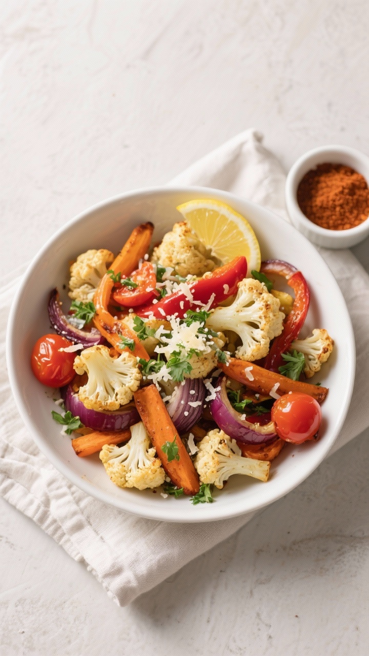 Tasty top view: Overhead shot of a wide, shallow white bowl filled with finished air-fried vegetable