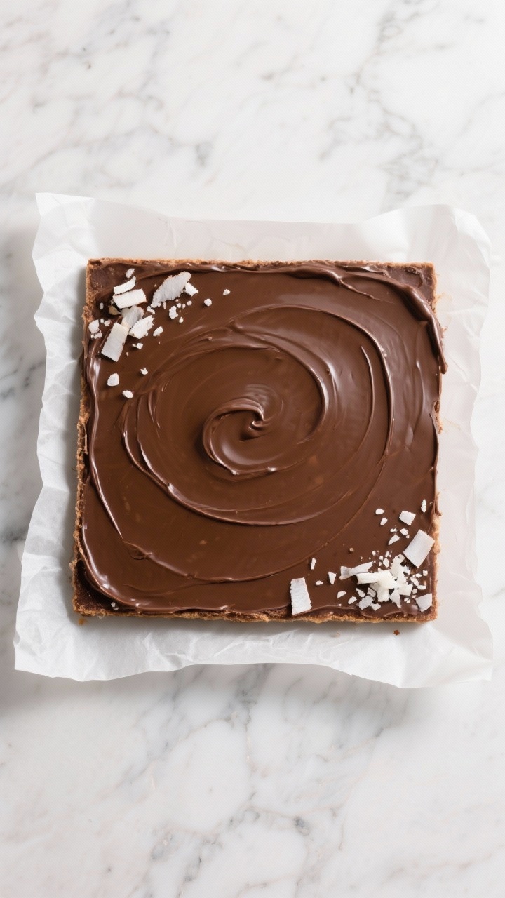 Tasty top view: Overhead shot of an 8x8 slab in parchment, chocolate layer freshly spread to the edg