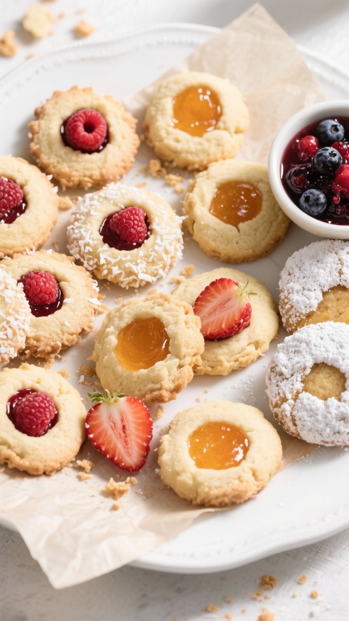 Tasty top view: Overhead shot of an assorted cookie platter featuring thumbprint cookies filled with
