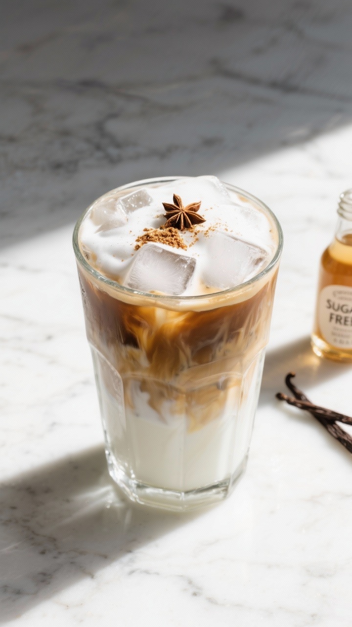 Tasty top view: Overhead shot of an iced sugar-free vanilla latte in a 16-ounce clear glass filled w