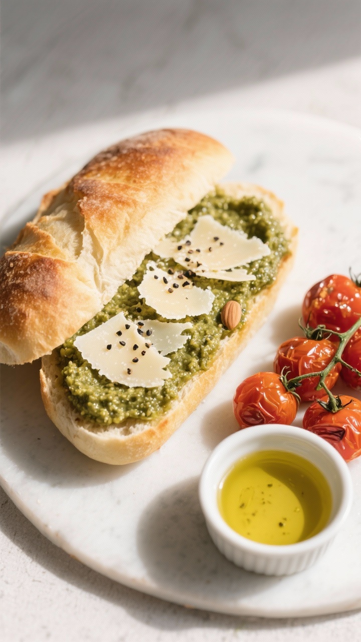 Tasty top view: Overhead shot of an open-faced toasted ciabatta sandwich generously spread with almo