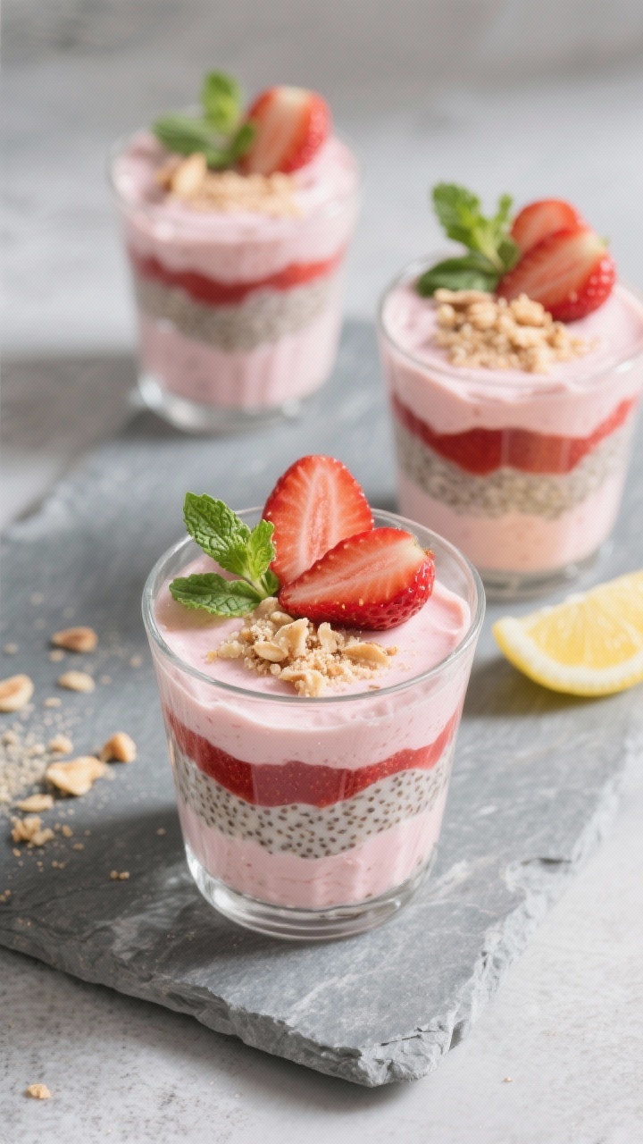 Tasty top view: Overhead shot of assembled keto strawberry parfaits layered in clear tumblers—crea