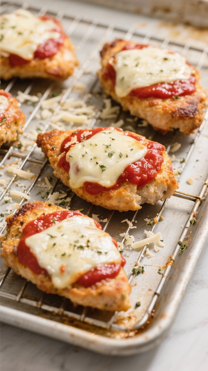 Tasty top view: Overhead shot of baked Chicken Parmesan just out of the oven on the rack—each cutl