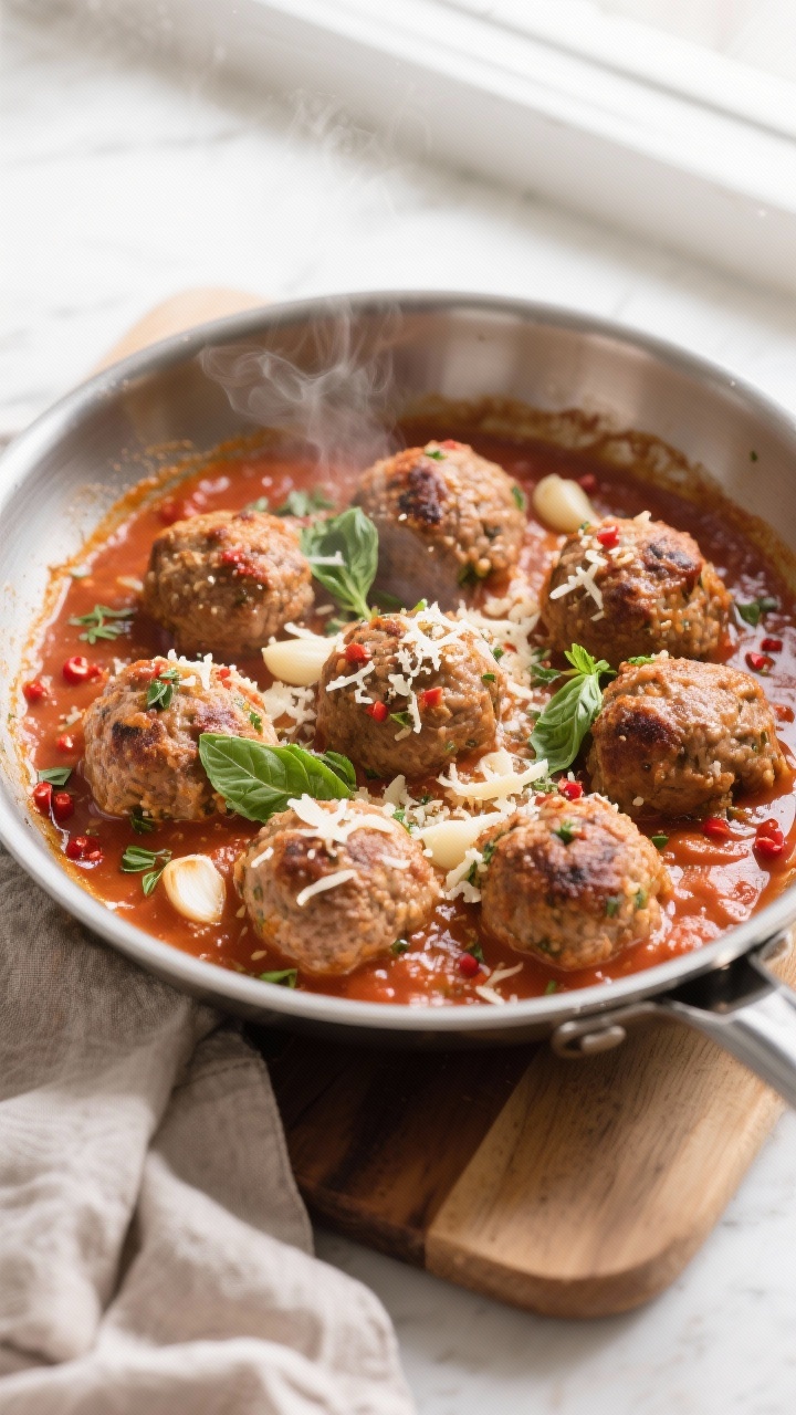 Tasty top view: Overhead shot of baked keto meatballs simmering in a no-sugar-added marinara sauce i