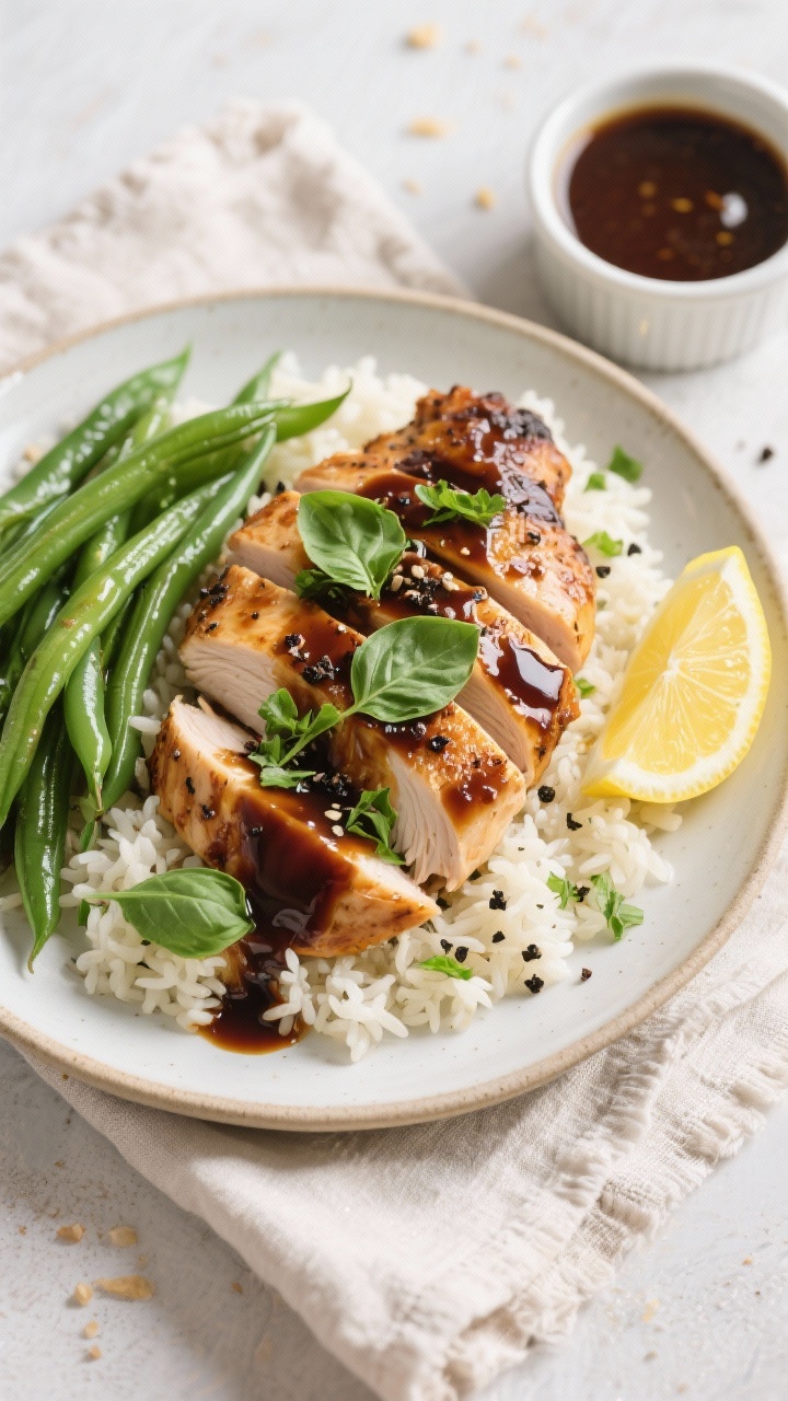 Tasty top view: Overhead shot of balsamic chicken sliced and fanned over lemon rice with a side of b