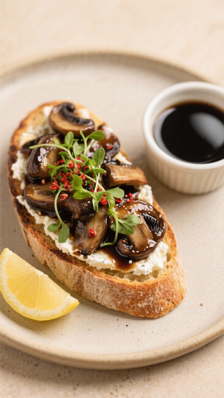 Tasty top view: Overhead shot of balsamic mushrooms on thick toasted sourdough with a swipe of goat 