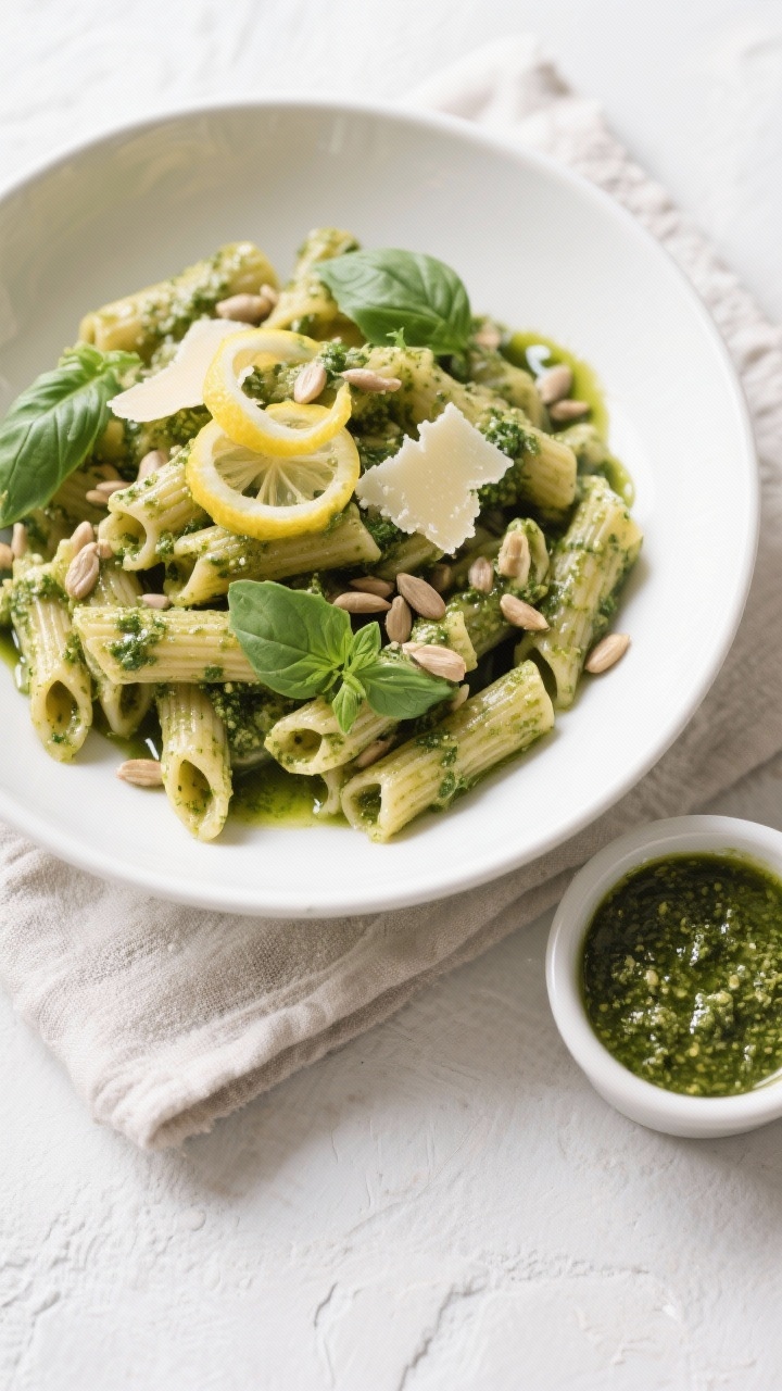 Tasty top view: Overhead shot of casarecce coated in nut-free basil-parsley pesto, finished with lem