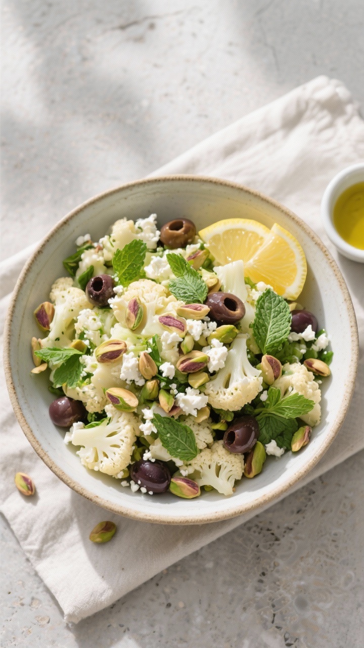 Tasty top view: Overhead shot of cauliflower salad in a wide, low ceramic bowl; feta crumbles and to