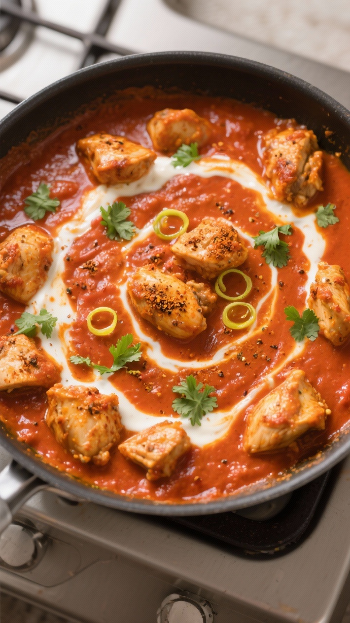 Tasty top view: Overhead shot of chicken tikka masala simmering after cream is added—silky, orange
