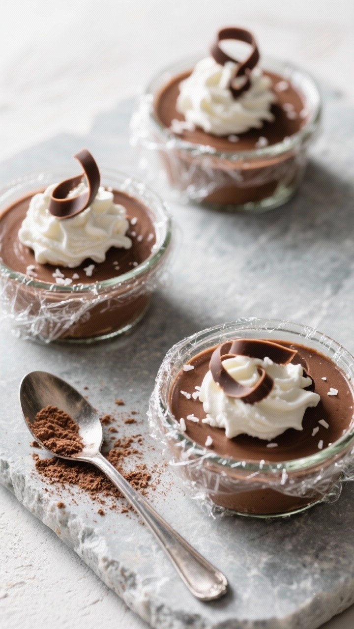 Tasty top view: Overhead shot of chilled chocolate pudding set in small glass ramekins, plastic wrap