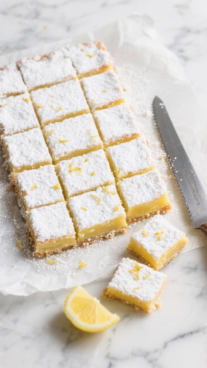 Tasty top view: overhead shot of chilled lemon squares neatly cut into even pieces, dusted generousl