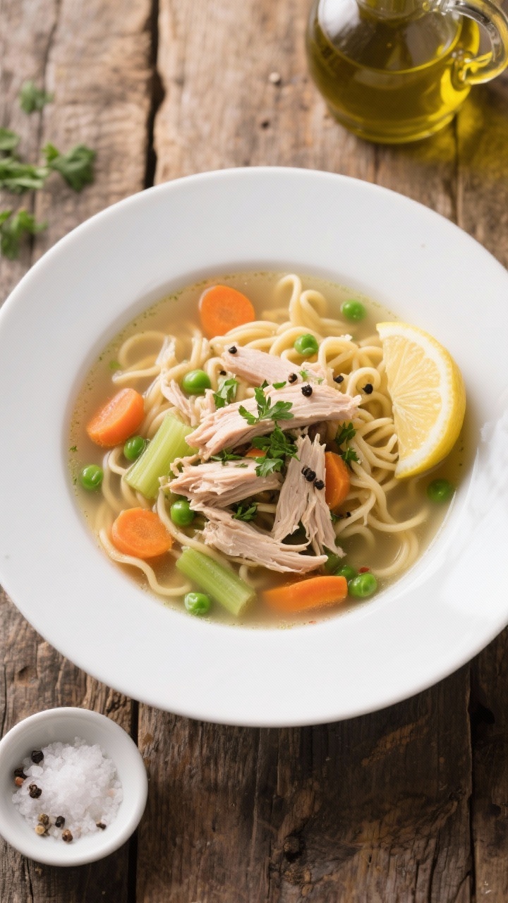 Tasty top view: Overhead shot of classic leftover turkey soup served in a wide white bowl on a rusti