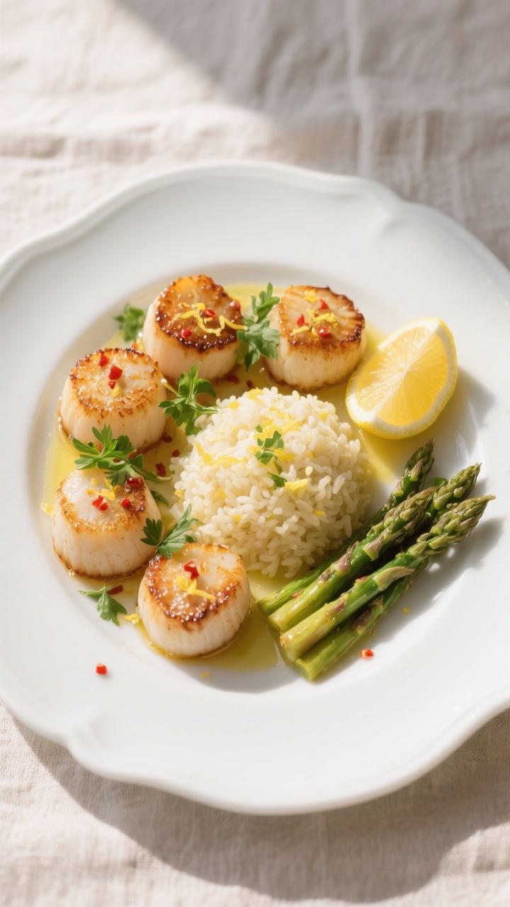 Tasty top view: Overhead shot of final plated broiled scallops arranged in a loose circle on a white