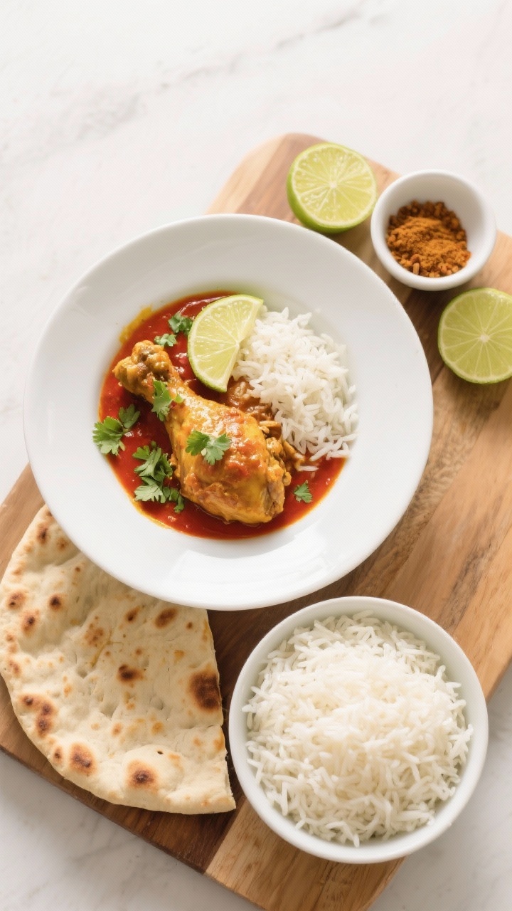 Tasty top view: Overhead shot of final plated chicken thigh curry in a shallow white bowl, vibrant r