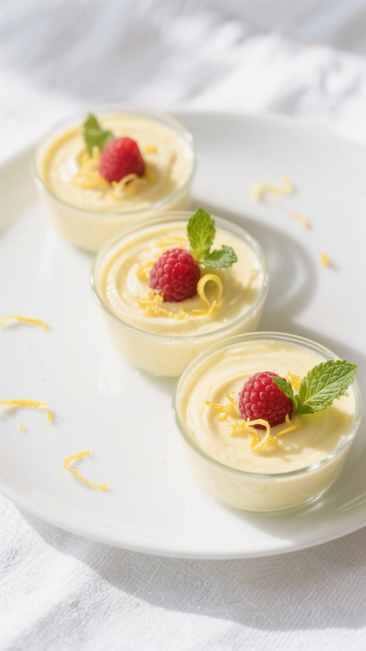 Tasty top view: Overhead shot of finished Keto Lemon Mousse served in three small glass dessert cups