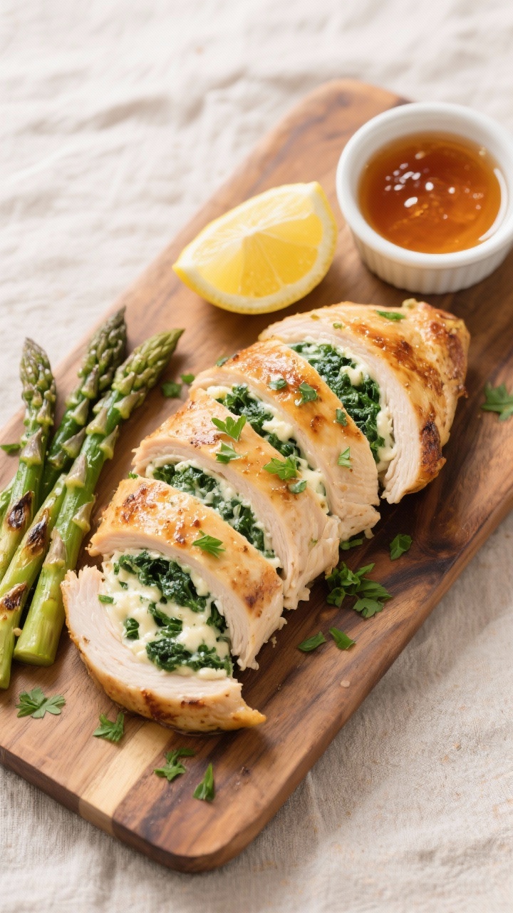 Tasty top view: Overhead shot of finished stuffed chicken sliced and fanned on a wooden board, cream