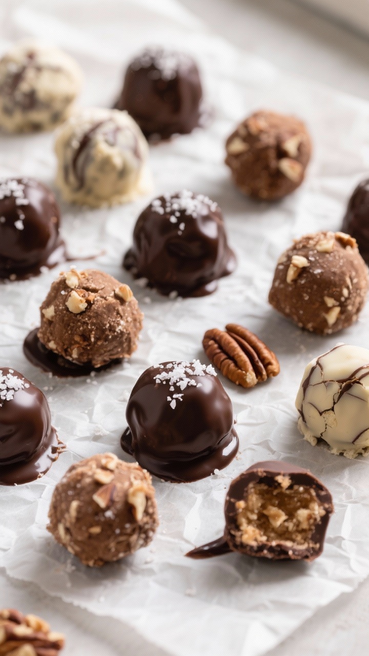 Tasty top view: Overhead shot of freshly dipped Low Carb Pecan Pie Truffles arranged on parchment, s