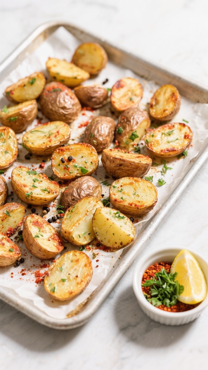 Tasty top view: Overhead shot of herbed roasted potatoes on a parchment-lined sheet pan, evenly brow