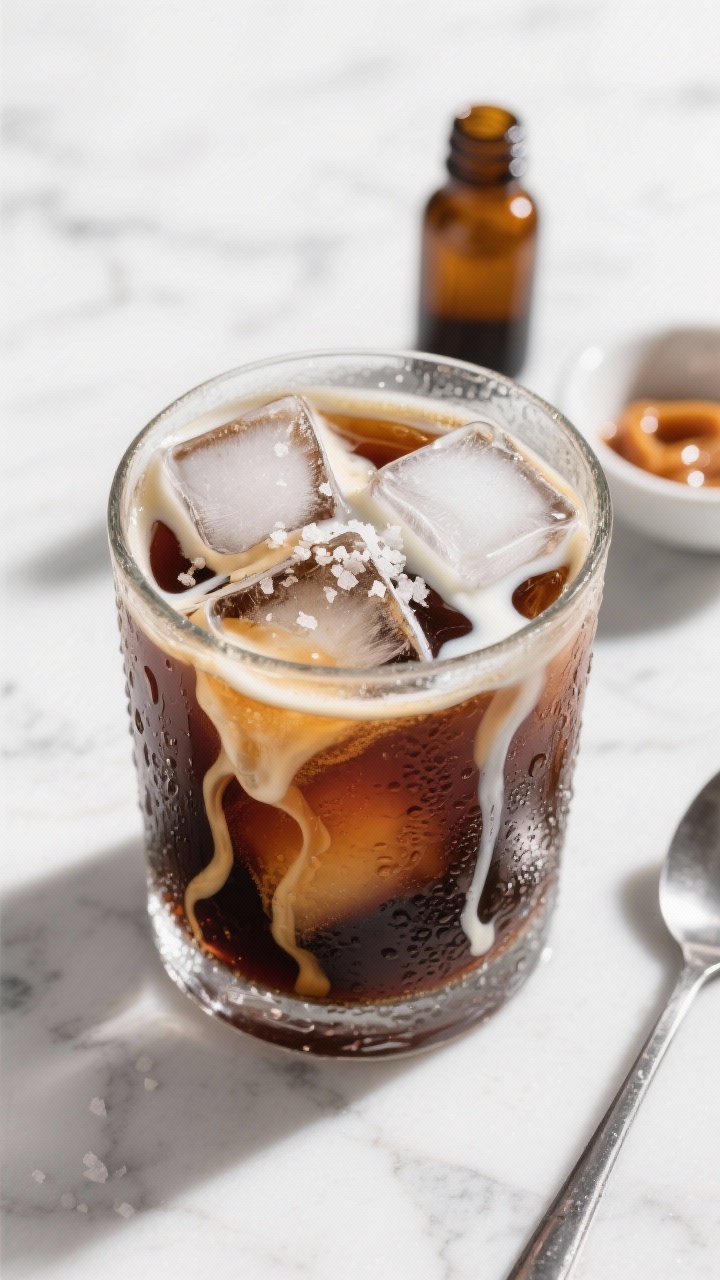 Tasty top view: Overhead shot of iced keto coffee poured over large clear ice cubes, with 1–2 tabl