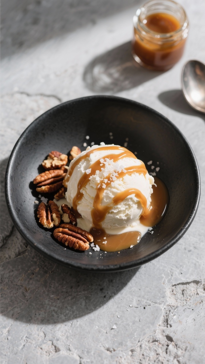 Tasty top view: Overhead shot of keto caramel pecan sauce generously drizzled over a scoop of low-ca