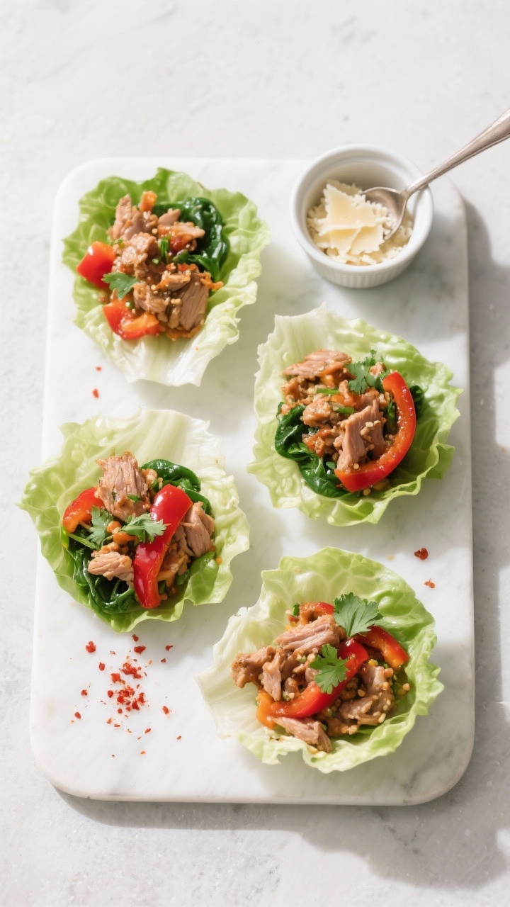 Tasty top view: Overhead shot of lettuce wrap assembly board featuring butter lettuce cups filled wi