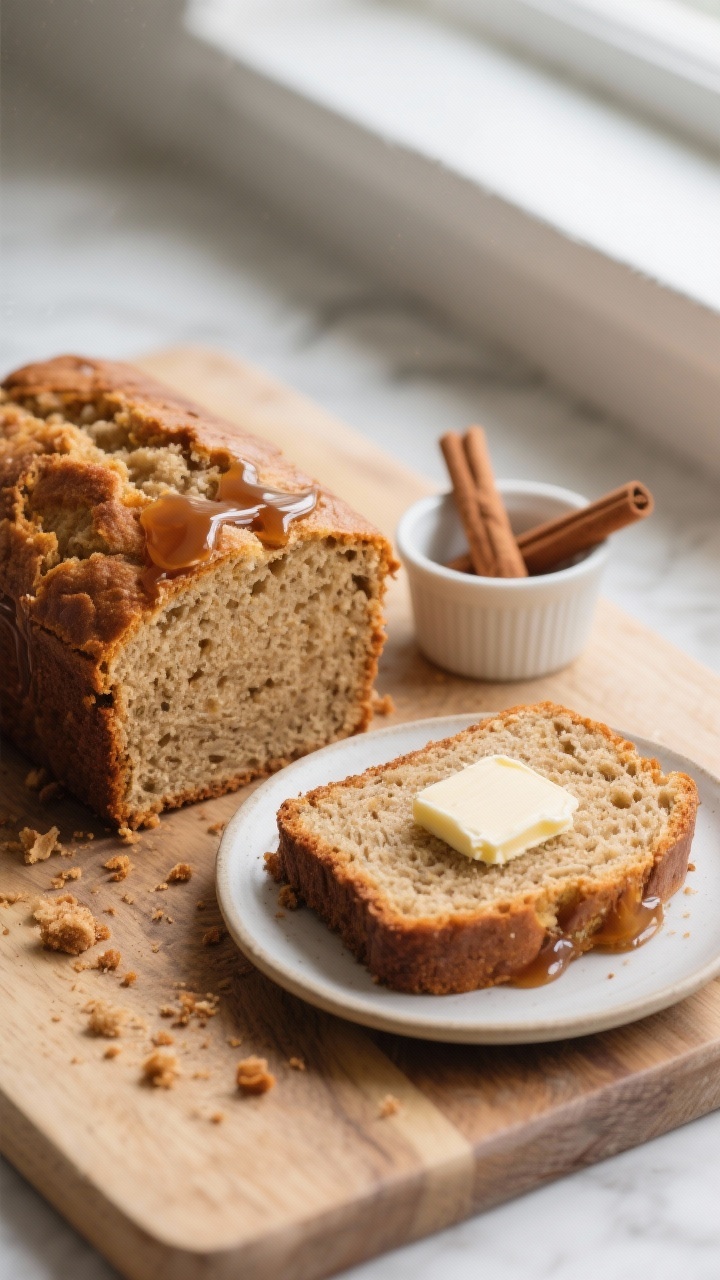 Tasty top view: Overhead shot of moist banana bread sliced on a wooden board, made with coconut suga