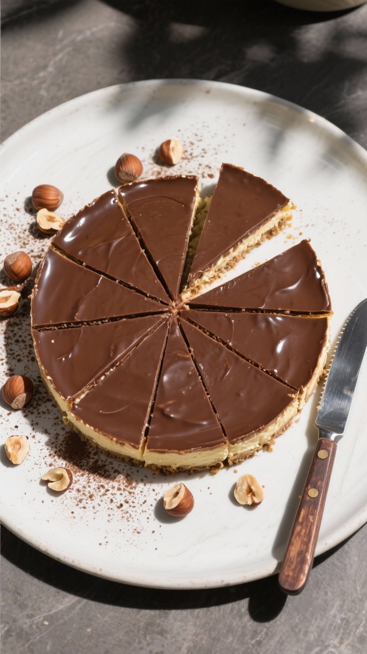 Tasty top view: Overhead shot of neatly sliced cheesecake with 8–12 even wedges, knife marks clean