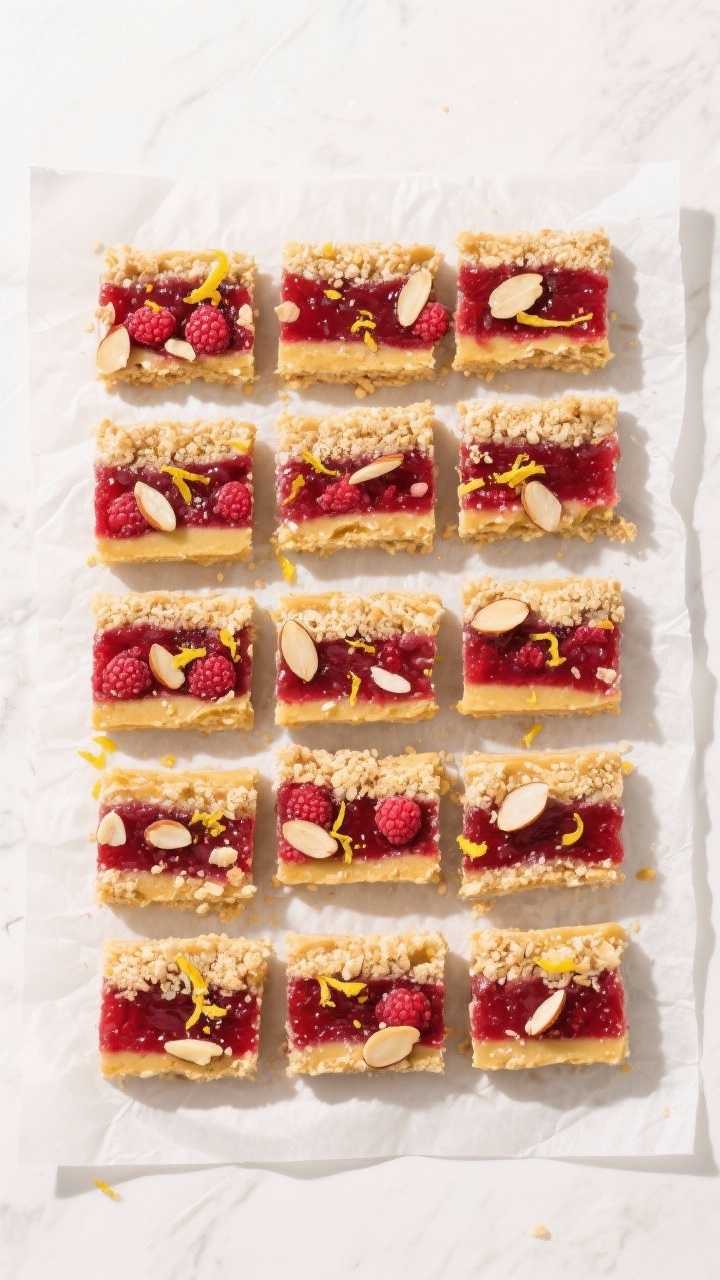 Tasty top view: Overhead shot of neatly sliced keto raspberry jam bars arranged in a staggered grid 