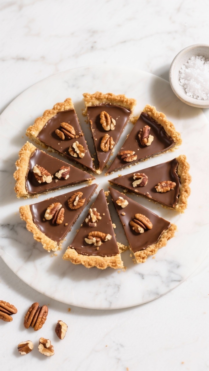 Tasty top view: Overhead shot of neatly sliced tart wedges arranged in a circle on a white marble bo