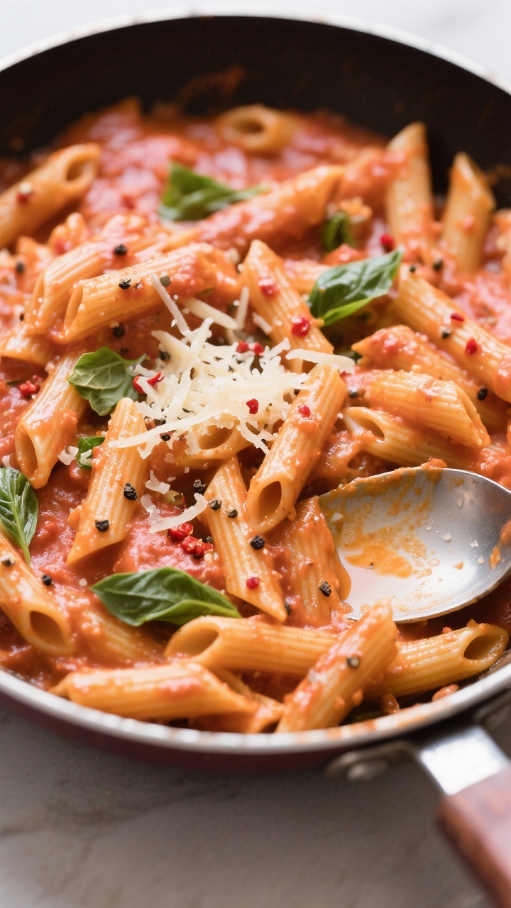 Tasty top view: Overhead shot of penne alla vodka just tossed in the pan—pasta glossy and well-coa