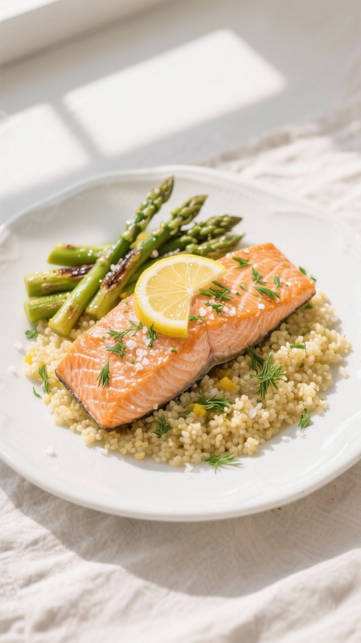 Tasty top view: Overhead shot of plated air fryer salmon, opaque and flaky, finished with a squeeze
