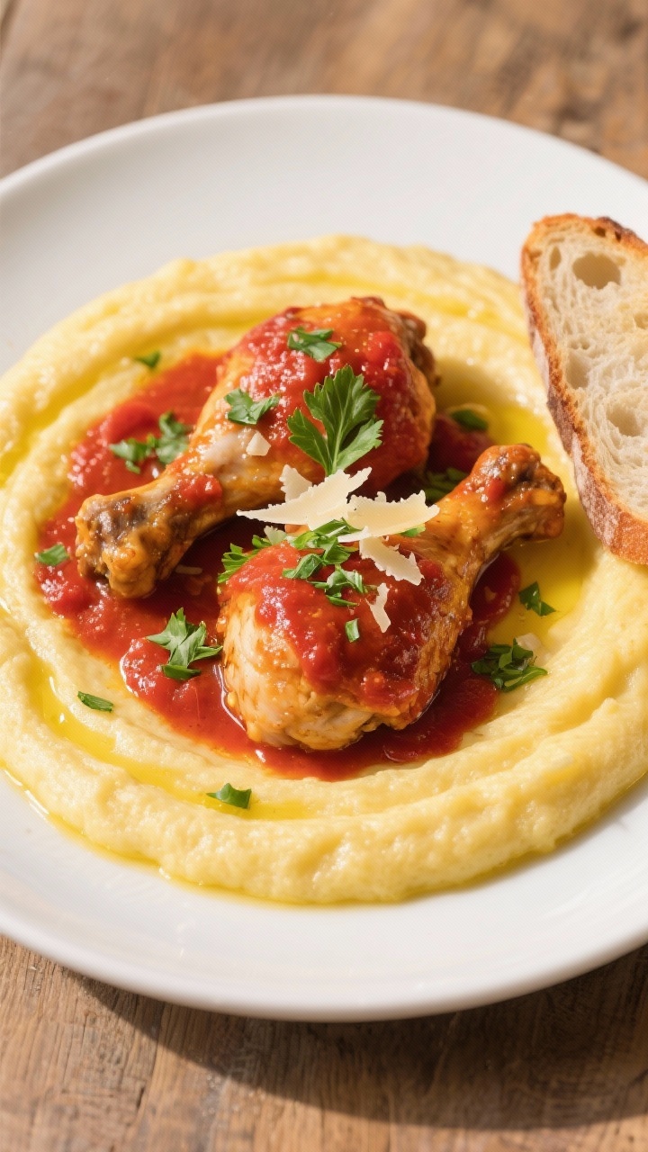 Tasty top view: Overhead shot of Pomodoro Chicken served with creamy polenta—two saucy chicken pie