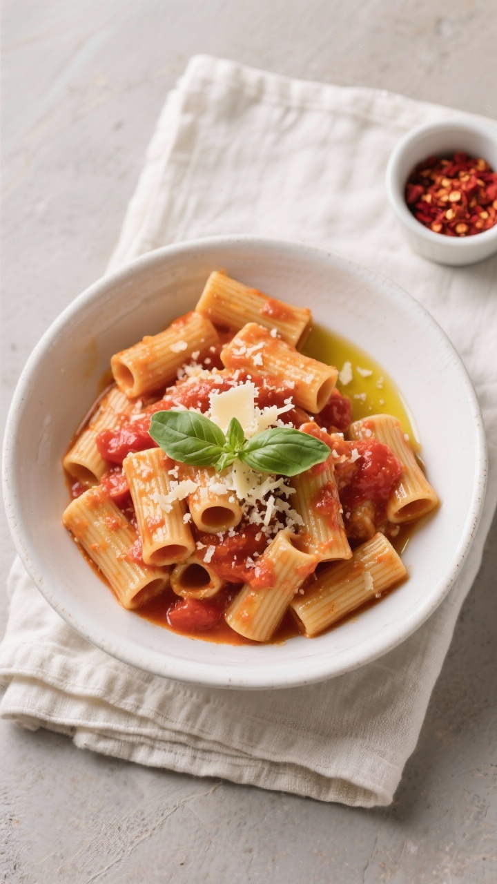 Tasty top view: Overhead shot of rigatoni tossed in the tomato-mascarpone sauce, evenly coated (not 