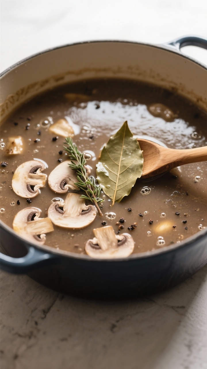 Tasty top view: Overhead shot of rustic mushroom soup mid-simmer in a Dutch oven, rich taupe-brown b