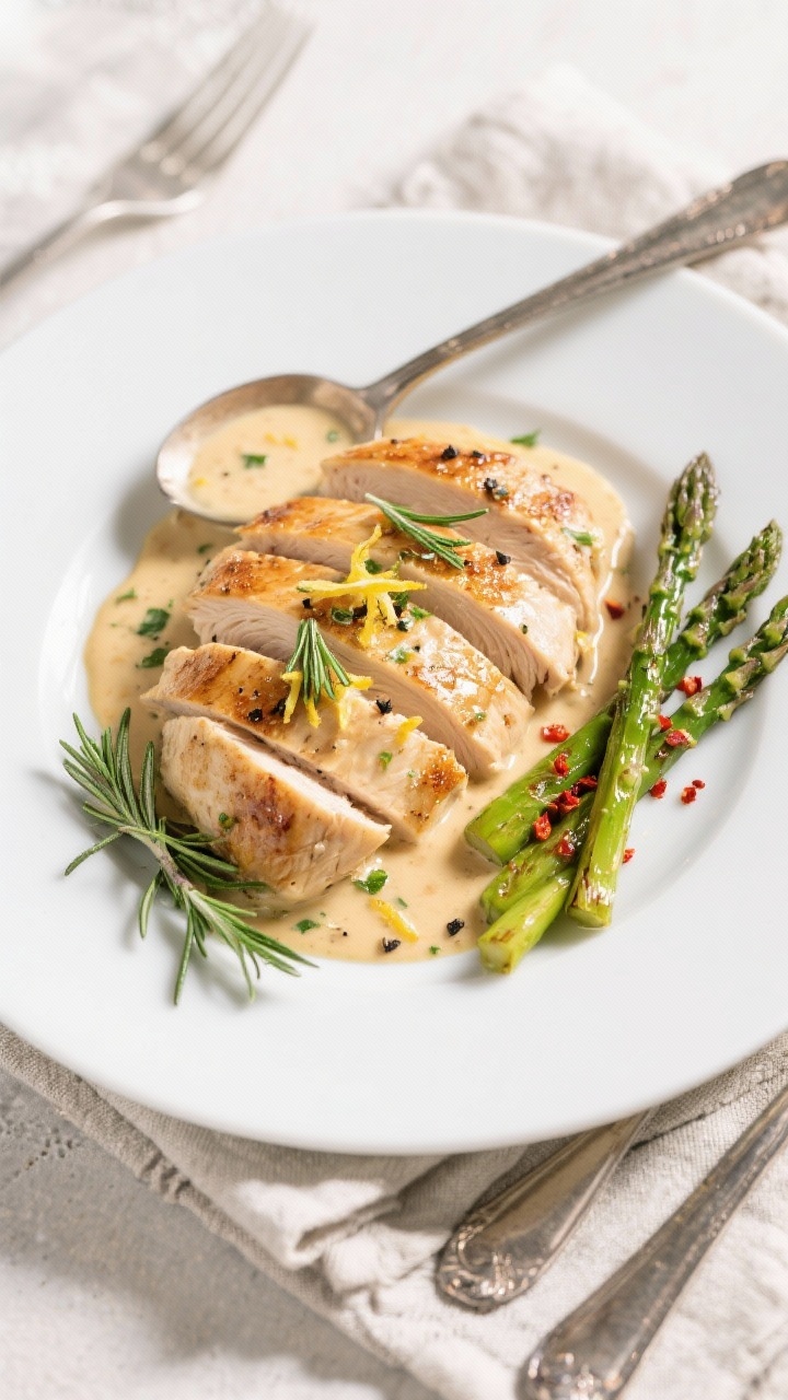 Tasty top view: Overhead shot of seared chicken breasts sliced and fanned on a matte white plate, ge